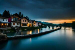 Foto Hintergrund das Himmel, Wasser, Fluss, Häuser, Brücke, Sonnenuntergang, das Stadt, Die. KI-generiert