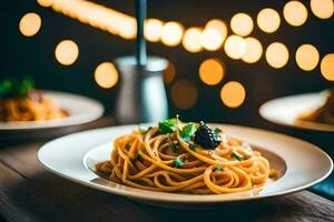 Spaghetti mit Tomate Soße und Oliven auf ein Platte. KI-generiert foto