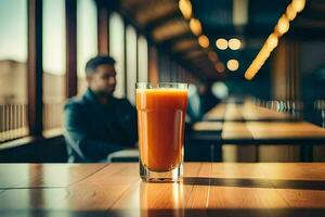 ein Glas von Orange Saft Sitzung auf ein Tisch. KI-generiert foto