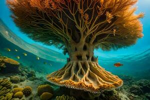 ein unter Wasser Baum mit Koralle und Fisch. KI-generiert foto