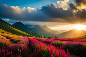 das Sonne scheint auf ein Feld von Rosa Blumen im das Berge. KI-generiert foto