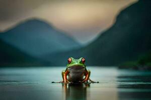 ein Frosch Sitzung auf das Kante von ein See. KI-generiert foto