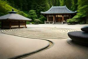 ein japanisch Garten mit ein kreisförmig Weg. KI-generiert foto