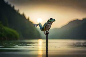 ein Frosch ist Stehen auf ein Stock im das Wasser. KI-generiert foto