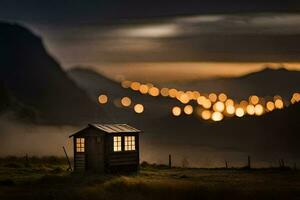 ein klein Hütte sitzt im das Mitte von ein Feld beim Nacht. KI-generiert foto