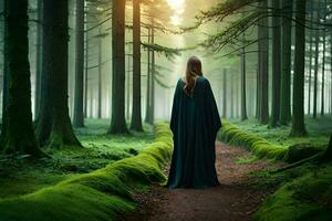 Frau im Blau Kleid Gehen durch ein Wald beim Sonnenaufgang. KI-generiert foto
