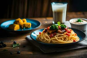 Spaghetti mit Fleischklößchen und Soße auf ein hölzern Tisch. KI-generiert foto