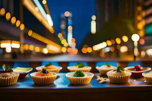 ein Tabelle mit Cupcakes und andere Essen auf Es. KI-generiert foto