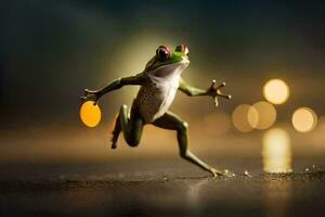 ein Frosch Springen auf das Boden mit verschwommen Beleuchtung im das Hintergrund. KI-generiert foto