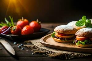 Foto Hintergrund Essen, Hamburger, Erdbeeren, Käse, brot, Tomate, Burger, Sandwich,. KI-generiert