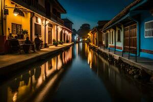 ein Kanal im das Mitte von ein Stadt, Dorf beim Nacht. KI-generiert foto