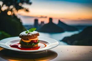 ein Burger auf ein Teller mit ein Aussicht von das Ozean. KI-generiert foto
