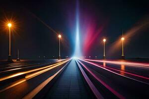 ein lange Exposition Foto von ein Stadt Straße beim Nacht. KI-generiert