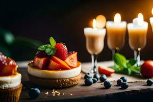 Foto Hintergrund Kuchen, Nachtisch, Frucht, Kerzen, Erdbeeren, Blaubeeren, Käsekuchen, Nachtisch. KI-generiert