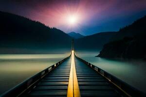 ein lange Brücke Über ein See beim Sonnenuntergang. KI-generiert foto