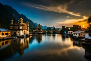 das Sonne setzt Über ein Fluss und ein Tempel. KI-generiert foto