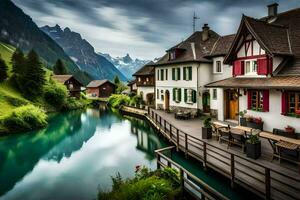 ein Fluss läuft durch ein Dorf im das Berge. KI-generiert foto