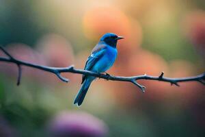 ein Blau Vogel sitzt auf ein Ast im Vorderseite von ein verschwommen Hintergrund. KI-generiert foto