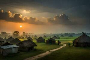 das Sonne steigt an Über das Dorf von Person, Birma. KI-generiert foto