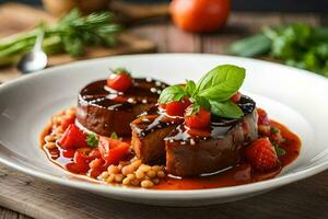 ein Teller von Essen mit Fleisch und Tomaten. KI-generiert foto