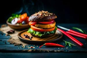 ein Burger mit Gemüse und Gewürze auf ein hölzern Tafel. KI-generiert foto