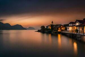 ein Haus auf das Wasser beim Sonnenuntergang mit Berge im das Hintergrund. KI-generiert foto