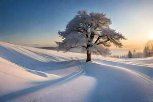 ein einsam Baum im das Schnee. KI-generiert foto