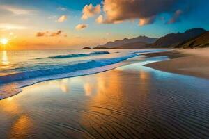 das Sonne setzt auf das Strand und Wellen sind reflektiert im das Wasser. KI-generiert foto