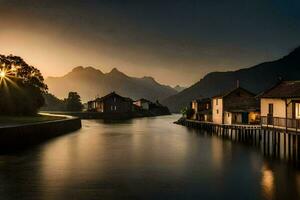 Foto Hintergrund das Himmel, Wasser, Berge, See, Haus, das Sonne, See, Die. KI-generiert