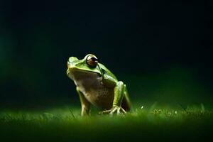 ein Frosch Sitzung auf das Gras mit ein dunkel Hintergrund. KI-generiert foto