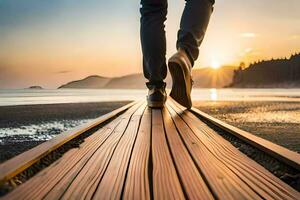 ein Person Gehen auf ein hölzern Promenade beim Sonnenuntergang. KI-generiert foto