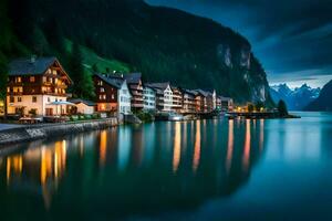 Foto Hintergrund das Himmel, Berge, See, Häuser, das Nacht, das Berge, das See. KI-generiert