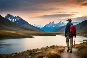 ein Mann mit ein Rucksack Spaziergänge entlang ein Pfad in der Nähe von ein See. KI-generiert foto