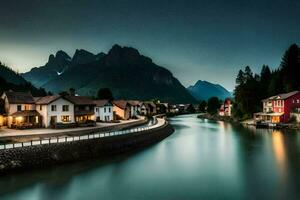 ein Fluss läuft durch ein Stadt, Dorf beim Nacht. KI-generiert foto