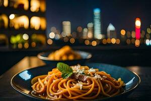 ein Teller von Spaghetti mit ein Aussicht von das Stadt. KI-generiert foto