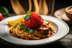 Spaghetti mit Fleisch und Tomate Soße auf ein Platte. KI-generiert foto