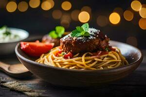 Spaghetti mit Fleischklößchen und Tomate Soße im ein hölzern Schüssel. KI-generiert foto