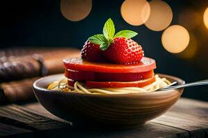 ein Schüssel von Spaghetti mit Erdbeeren und Tomaten. KI-generiert foto