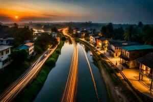 ein lange Exposition Foto von ein Fluss und Häuser beim Sonnenuntergang. KI-generiert