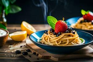 Spaghetti mit frisch Beeren und Minze Blätter im ein Blau Schüssel. KI-generiert foto