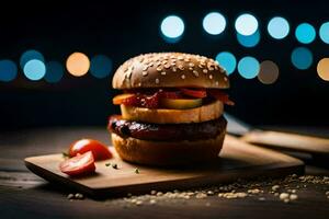 ein Hamburger mit Speck und Tomaten auf ein hölzern Tafel. KI-generiert foto