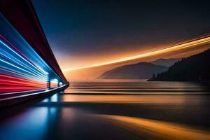 ein lange Exposition Foto von ein Brücke mit Licht Wanderwege. KI-generiert