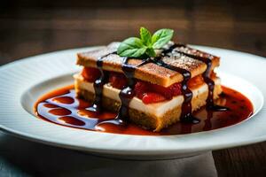 ein Dessert auf ein Teller mit Soße und Beeren. KI-generiert foto