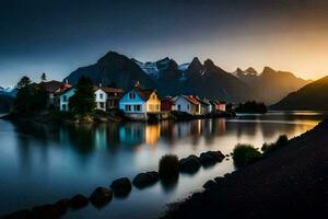 ein schön Sonnenuntergang Über ein See und Häuser. KI-generiert foto