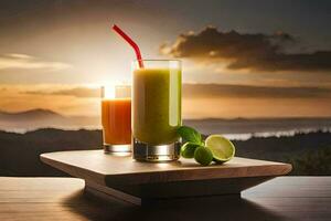 zwei Getränke sitzen auf ein hölzern Tabelle mit ein Sonnenuntergang im das Hintergrund. KI-generiert foto