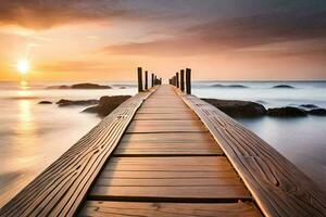 ein hölzern Brücke führt zu das Ozean beim Sonnenuntergang. KI-generiert foto