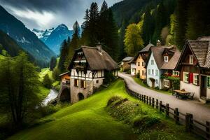 ein Dorf im das Alpen mit ein Straße führen zu Es. KI-generiert foto