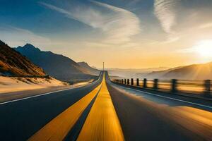 ein Autobahn mit ein Sonne Rahmen Über Berge. KI-generiert foto