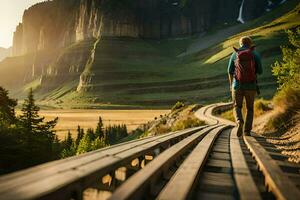 ein Mann mit ein Rucksack Spaziergänge entlang ein hölzern Pfad im das Berge. KI-generiert foto