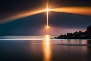 das Kreuz von Christus, Licht, das Ozean, das Sonne, das Licht, das kreuzen,. KI-generiert foto